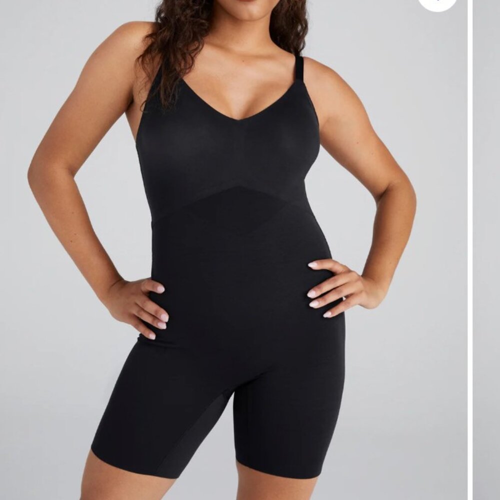 Honeylove Mid-Thigh‎ Bodysuit XL Black Allover Sculpting Built-in Wireless Bra